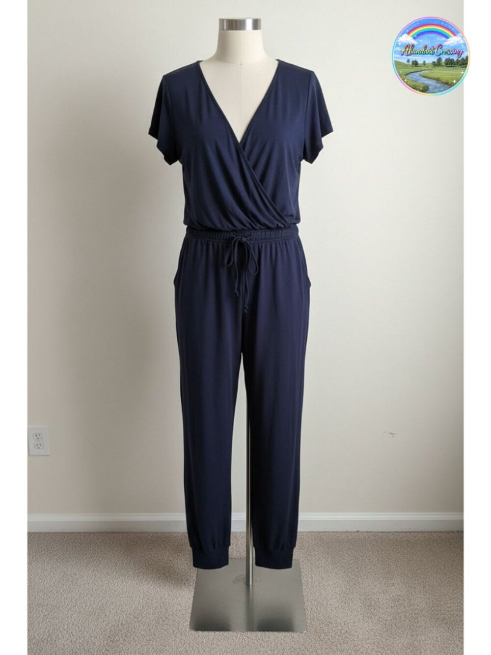 Women Casual Summer Jumpsuit Short Sleeve V Neck Long Pants Romper with Pockets
